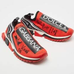 Dolce & Gabbana Red Fabric Graffiti Logo Sorrento Slip On Sneakers Size 44