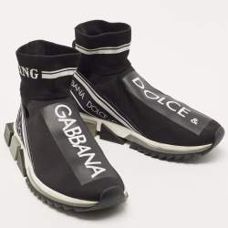 Pre Owned Dolce & Gabbana Black/White Logo Print Knit Fabric Sorrento Sneakers Size 44