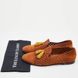 Pre Owned Dolce & Gabbana Brown/Yellow Perforeted Suede and Leather Tassel Smoking Slippers Size 43