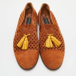 Pre Owned Dolce & Gabbana Brown/Yellow Perforeted Suede and Leather Tassel Smoking Slippers Size 43