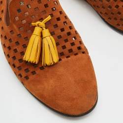 Pre Owned Dolce & Gabbana Brown/Yellow Perforeted Suede and Leather Tassel Smoking Slippers Size 43