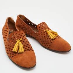 Pre Owned Dolce & Gabbana Brown/Yellow Perforeted Suede and Leather Tassel Smoking Slippers Size 43