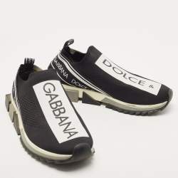 Pre Owned Dolce & Gabbana Black/White Logo Print Knit Fabric Sorrento Slip On Sneakers Size 46