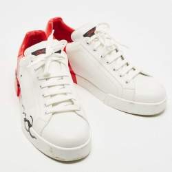 Dolce & Gabbana White/Red Leather and Patent Logo Print Portofino Sneakers Size 44