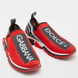 Pre Owned Dolce & Gabbana Red Fabric Graffiti Logo Sorrento Slip On Sneakers Size 45