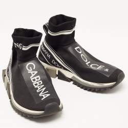 Pre Owned Dolce & Gabbana Black Logo Print Knit Fabric Sorrento High Top Sneakers Size 42