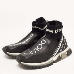 Pre Owned Dolce & Gabbana Black Logo Print Knit Fabric Sorrento High Top Sneakers Size 42
