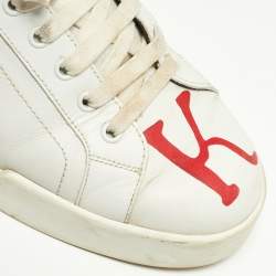 Pre Owned Dolce & Gabbana White Leather King And Queen Print Portofino Sneakers Size 42