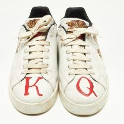 Pre Owned Dolce & Gabbana White Leather King And Queen Print Portofino Sneakers Size 42