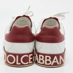 Dolce & Gabbana White/Dark Red Leather Crown Print Portofino Sneakers Size 43