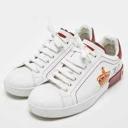 Dolce & Gabbana White/Dark Red Leather Crown Print Portofino Sneakers Size 43