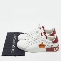 Dolce & Gabbana White/Dark Red Leather Crown Print Portofino Sneakers Size 43