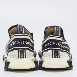 Pre Owned Dolce & Gabbana White/Black Fabric Sorrento Logo Print Slip On Sneakers Size 42