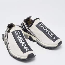 Pre Owned Dolce & Gabbana White/Black Fabric Sorrento Logo Print Slip On Sneakers Size 42