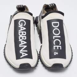 Pre Owned Dolce & Gabbana White/Black Fabric Sorrento Logo Print Slip On Sneakers Size 42