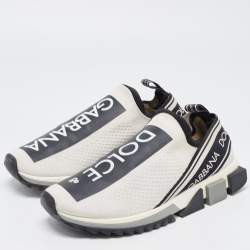 Pre Owned Dolce & Gabbana White/Black Fabric Sorrento Logo Print Slip On Sneakers Size 42