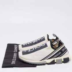 Pre Owned Dolce & Gabbana White/Black Fabric Sorrento Logo Print Slip On Sneakers Size 42