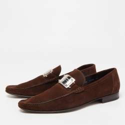 Dolce & Gabbana Brown Suede And Leather Logo Plate Slip On Loafers Size 45