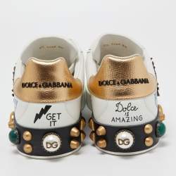 Pre Owned Dolce & Gabbana White Leather Portofino Graffiti Heart Applique Low Top Sneakers Size 43.5