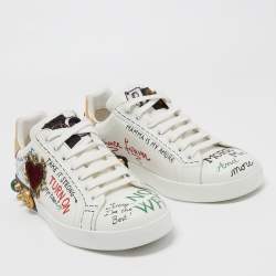 Pre Owned Dolce & Gabbana White Leather Portofino Graffiti Heart Applique Low Top Sneakers Size 43.5