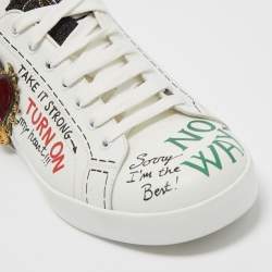 Pre Owned Dolce & Gabbana White Leather Portofino Graffiti Heart Applique Low Top Sneakers Size 43.5