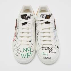 Pre Owned Dolce & Gabbana White Leather Portofino Graffiti Heart Applique Low Top Sneakers Size 43.5