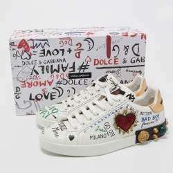 Pre Owned Dolce & Gabbana White Leather Portofino Graffiti Heart Applique Low Top Sneakers Size 43.5