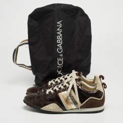 Pre Owned Dolce & Gabbana Brown/Grey Leather and Suede Low Top Sneakers Size 41