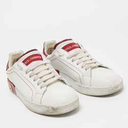 مملوكة مسبقًا Dolce & Gabbana White/Red Leather Portofino Low Top Sneakers Size 39.5