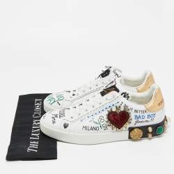 Pre Owned Dolce & Gabbana White Leather Portofino Graffiti Heart Applique Low Top Sneakers Size 41