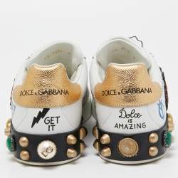 Pre Owned Dolce & Gabbana White Leather Portofino Graffiti Heart Applique Low Top Sneakers Size 41