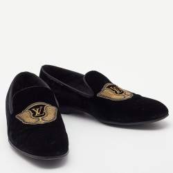 Louis Vuitton Black Velvet Auteuil Logo Smoking Slippers Size 43