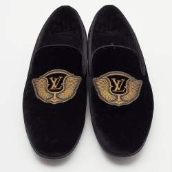 مملوكة مسبقًا Louis Vuitton Black Velvet Auteuil Logo Smoking Slippers Size 43