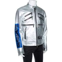 Dsquared2 Silver Printed Leather Zip Front Jacket XL