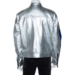 Dsquared2 Silver Printed Leather Zip Front Jacket XL