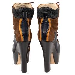 Dsquared2 Multicolor Suede, Leather and Wool Trim Lace Up Platform Ankle Boots Size 38.5