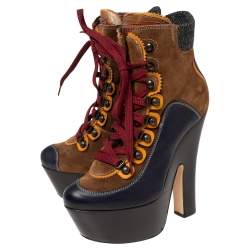 Dsquared2 Multicolor Suede, Leather and Wool Trim Lace Up Platform Ankle Boots Size 38.5