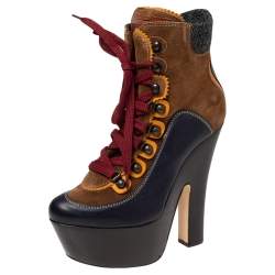 Dsquared2 Multicolor Suede, Leather and Wool Trim Lace Up Platform Ankle Boots Size 38.5