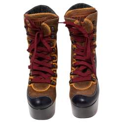 Dsquared2 Multicolor Suede, Leather and Wool Trim Lace Up Platform Ankle Boots Size 38.5