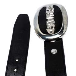 Pre Owned Dsquared2 Black Leather Oval Logo Plaque Buckle Belt Small