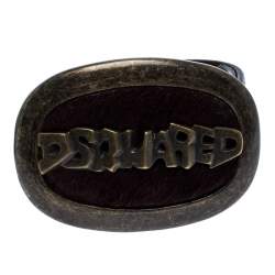 Dsquared2 Brown Leather Oval Logo with Fur Plaque Buckle Belt Small