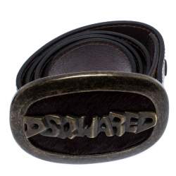 Dsquared2 Brown Leather Oval Logo with Fur Plaque Buckle Belt Small