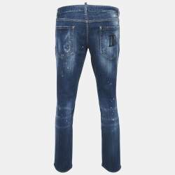 Pre Owned Dsquared2 Blue Distressed Denim Logo Applique Detail Jeans XL Waist 34"