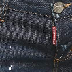 Pre Owned Dsquared2 Blue Dark Wash Denim Paint Splatter Distressed Slim Bottom Jeans S Waist 32 "