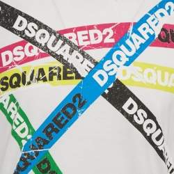 Pre Owned Dsquared2 White Logo Tape Print Jersey T-Shirt L
