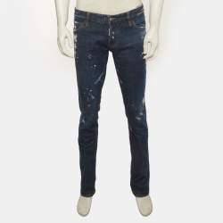 Pre Owned Dsquared2 Blue Paint Splattered Distressed Denim Slim Fit Jeans XL/Waist 37"