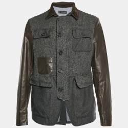 Pre Owned Dsquared2 Grey/Brown Herringbone Wool and Leather Jacket XL