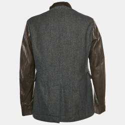 Pre Owned Dsquared2 Grey/Brown Herringbone Wool and Leather Jacket XL