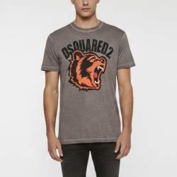 Pre Owned Dsquared2 Grey Bear Logo Print Jersey Crewneck T-Shirt L