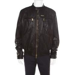 Dsquared2 Black Goat Leather Zip Front Biker Jacket 3XL